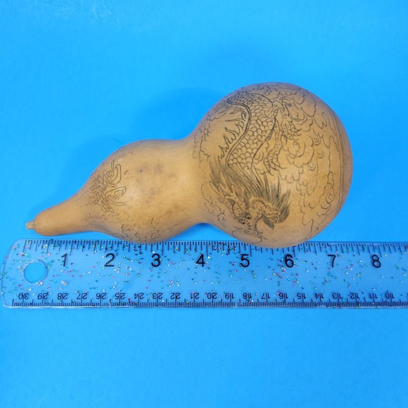 Chinese Carved Dragon Gourd Branched Horns Writing 7 in. High Real - Picture 8 of 10